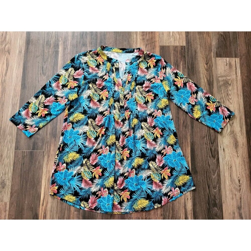 NWOT Serengeti Multicolor Tropical Hawiian Print 3/4 Sleeve Tunic Top Sz L